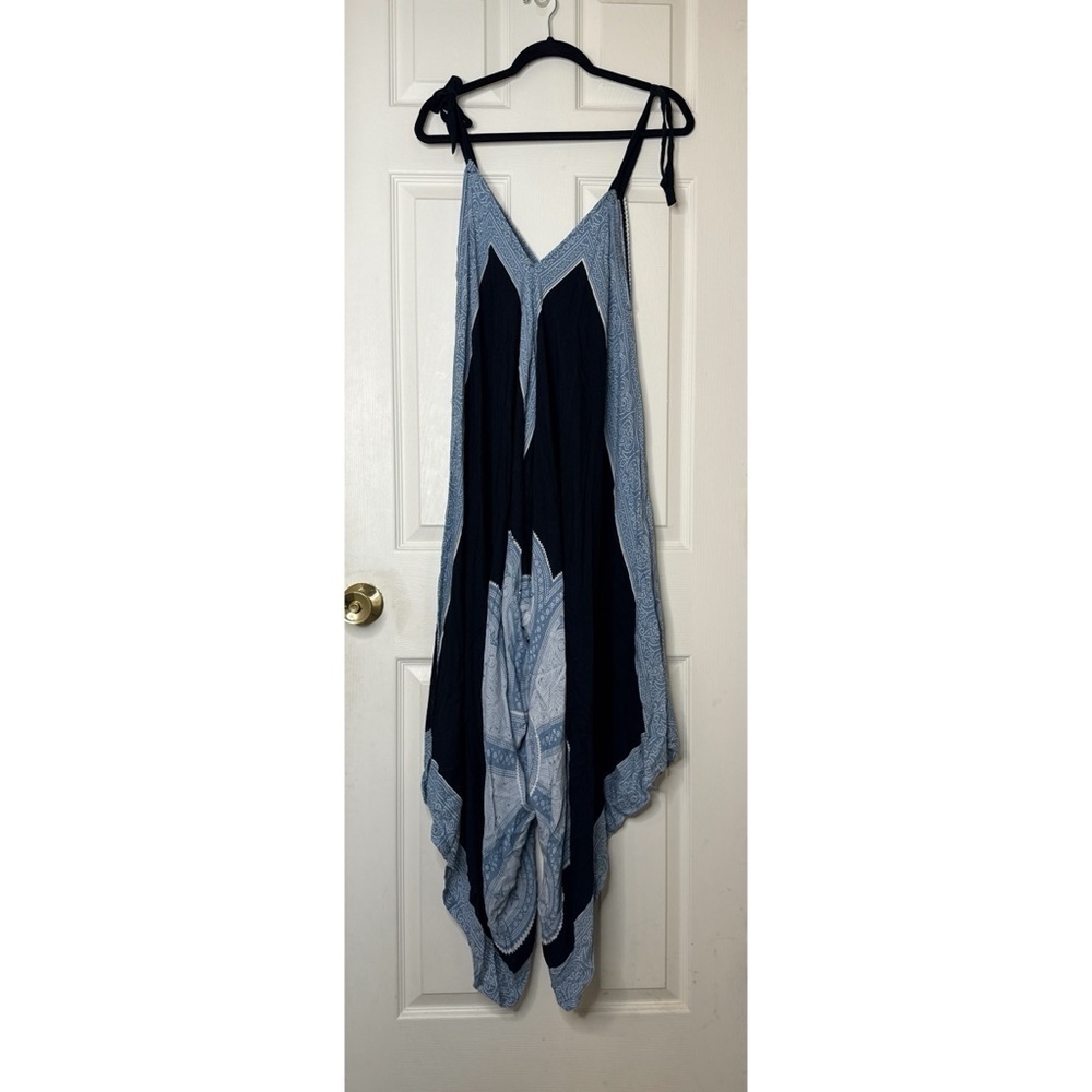Bali Prema Gypsy Bohemian Wide Leg Blue Jumpsuit Size Medium